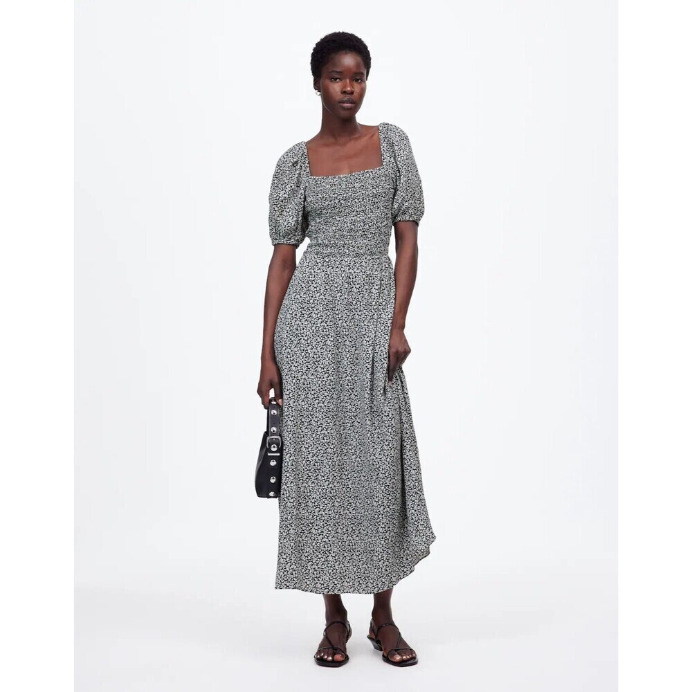 Madewell Dress Womens 2 Floral Smocked Puff Sleeve Square Neck Maxi Sundress